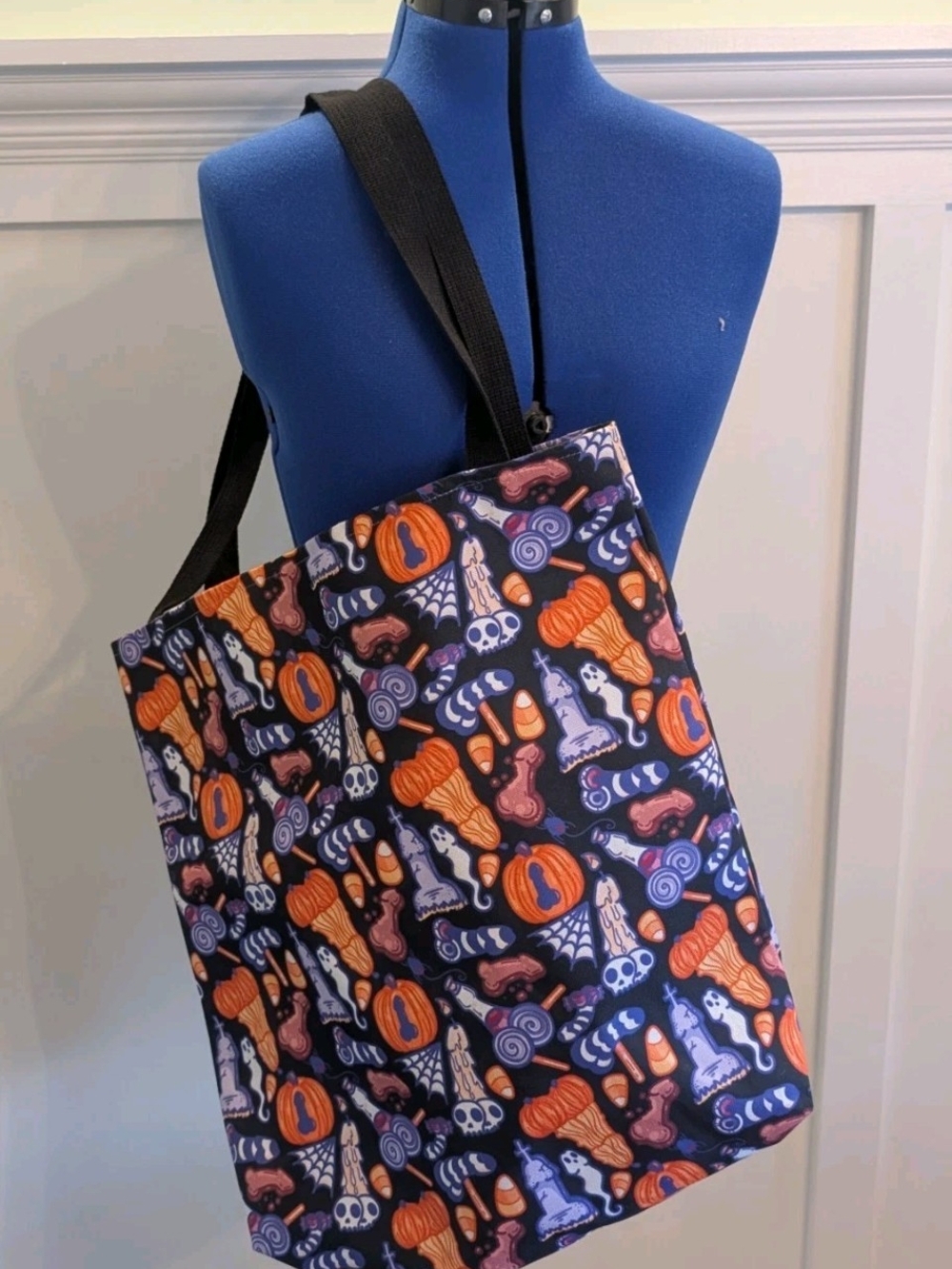 Large Canvas Tote Bag Features an Adult Novelty "Halloweenie" Fabric